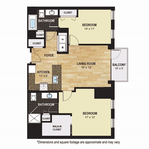 Floor plan for 2 beds, 2 baths, 1106 sqft